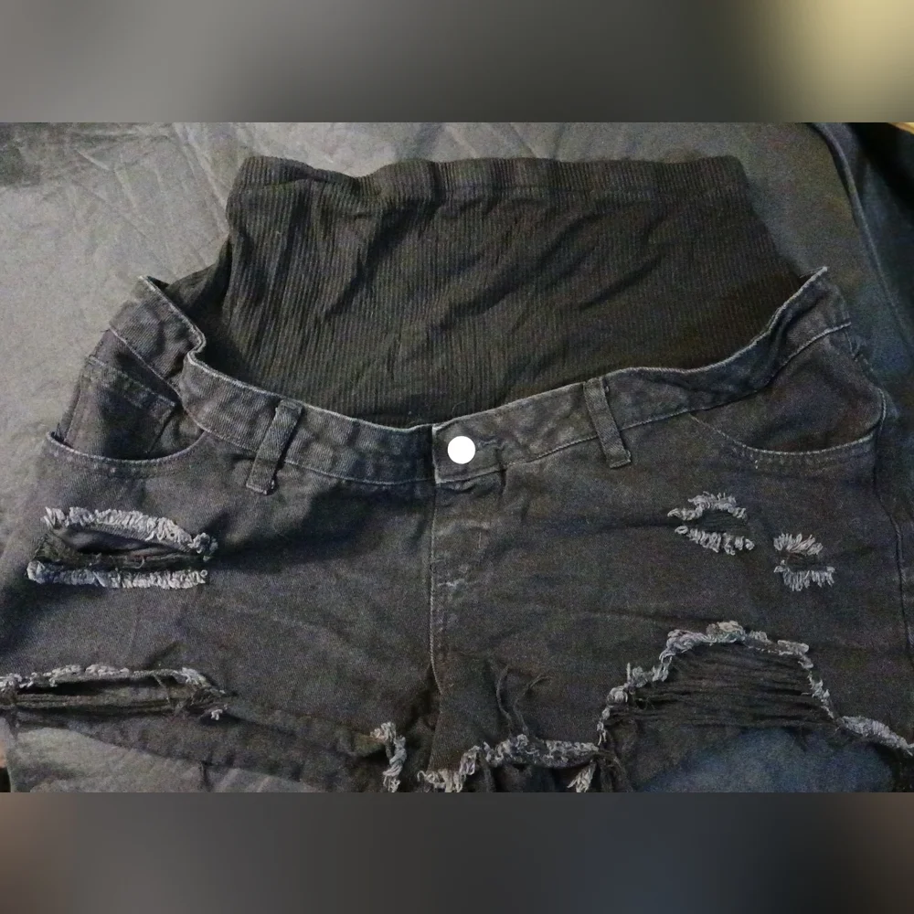 Black Distressed Maternity Denim Shorts | Over-Belly Panel | Stretch | Casual - Picture 6 of 9